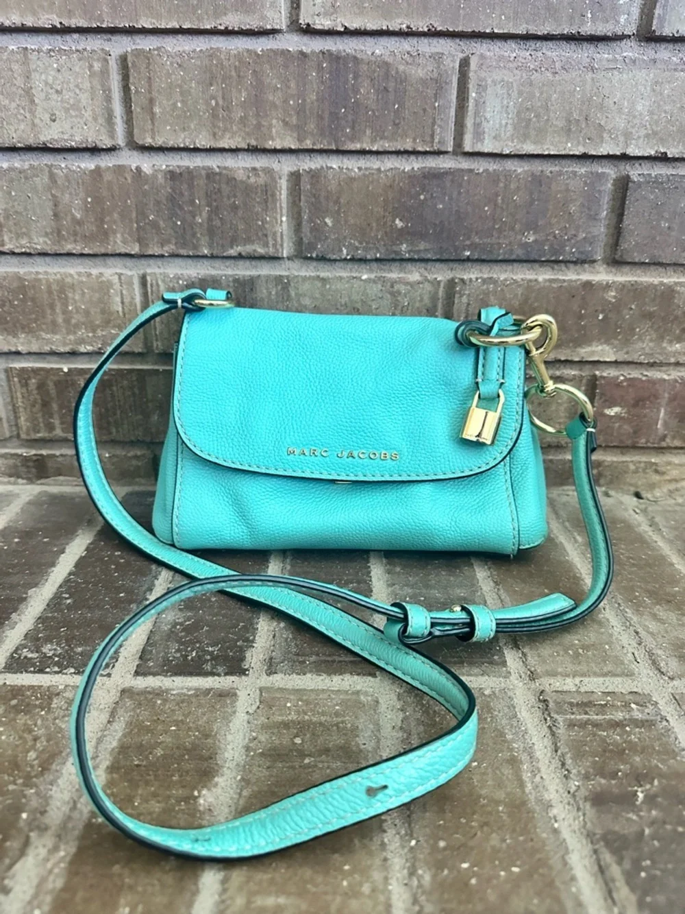 Marc Jacobs Turquoise Pebbled Leather Flap Crossbody Bag Boho Chic